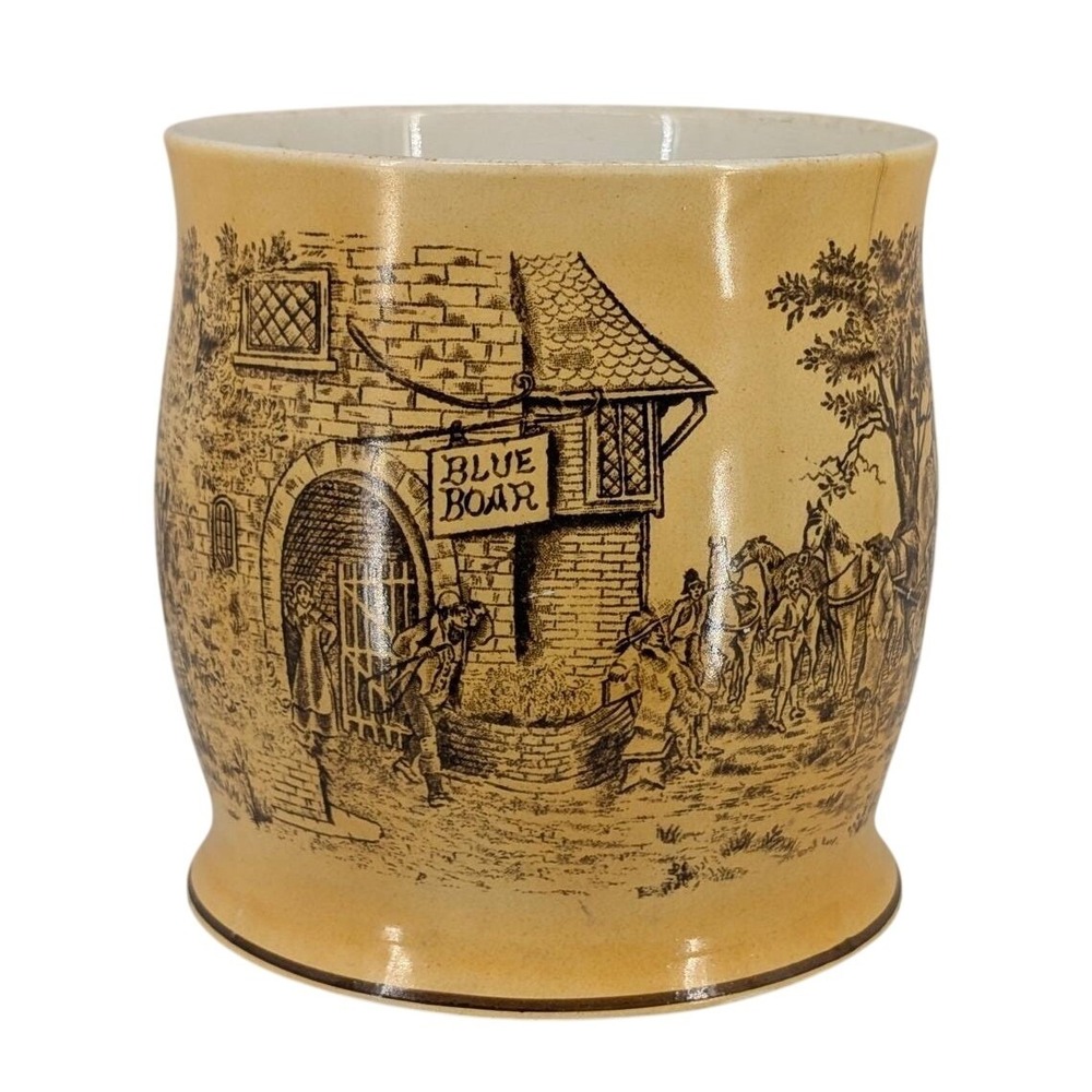 Blue Boar Inn Vintage Humidor Jar Yellow Brown Sepia Transferware Old No Lid
